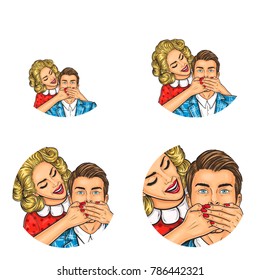 Set of vector pop art round avatar icons for users of social networking, blogs, profile icons. Brunette man and woman standing behind him and covering his mouth with her hands, do not say anything