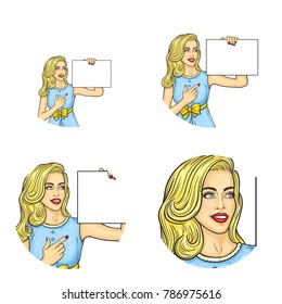 Set of vector pop art round avatar icons for users of social networking, blogs, profile icons. Blonde girl in dress with bow pointing blank paper she holds by index finger. Isolated illustration.