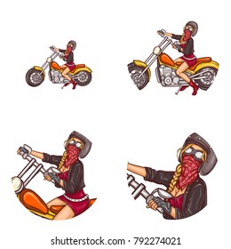 Set of vector pop art round avatar icons for users of social networking, blogs, profile icons. Blonde biker sexy girl in leather jacket, helmet, goggles on custom motorcycle. Isolated illustration.