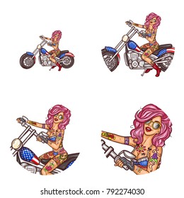 Set of vector pop art round avatar icons for users of social networking, blogs, profile icons. Pink hair biker sexy girl with tattoo in bikini, sunglases on custom motorcycle. Isolated illustration.
