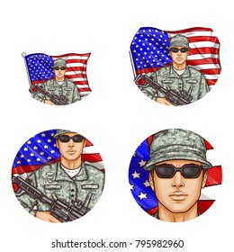 Set of vector pop art round avatar profile icons for users of social networking, blogs. American male soldier in uniform, glasses holding machine gun against US flag. Memorial, independence day symbol