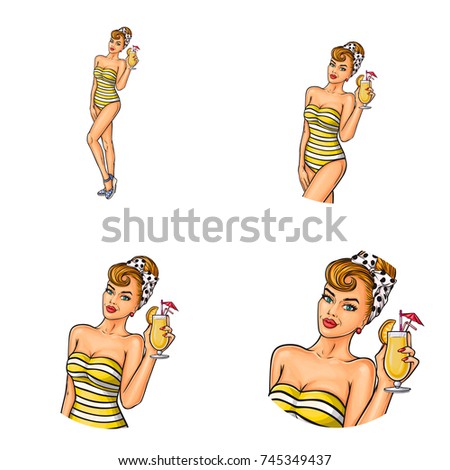 Set of vector pop art round avatar icons for users of social networking, blogs, profile icons. Young blonde girl in swimsuit holds a glass of cocktail in her hand