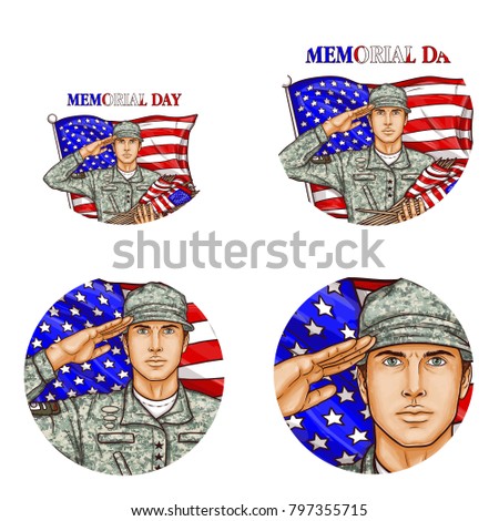 Set of vector pop art round avatar profile icons for users of social networking, blogs. American male soldier in uniform holding flags saluting against US flag. Memorial, independence day symbol