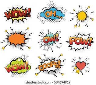 Set of vector pop art signs and comic cartoon bubbles and elements with halftone shadows