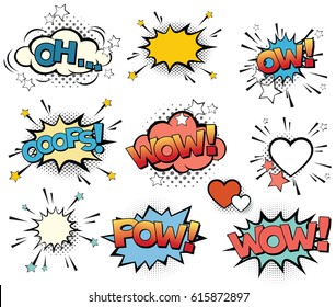 Set of vector pop art signs and comic cartoon bubbles and elements with halftone shadows.