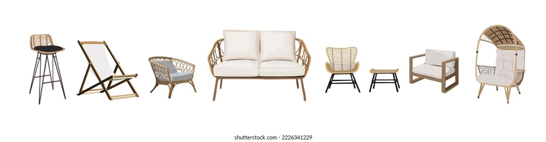 Set of Vector porch zone furniture realistic illustrations. Cartoon style cozy garden yard, boho living room objects - different armchairs, rattan coffee table, soft sofa isolated on white background.