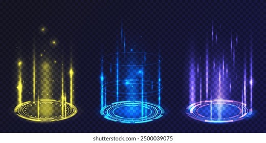 Set of vector portal or magic podium effect. Round or circle teleport. Glowing hologram or vortex with ray. Shining sci fi element. Ring for game level up effect. Isolated light. Platform beam