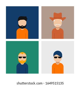 Set of vector portrait flat avatar illustration. People person boy avatar icon young and old vector illustration wearing eyeglasses, cowboy hat, and beard.