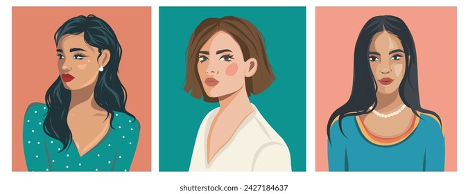 
Set of vector portraits of beautiful women of different cultures and ages. Diversity. Flat illustration. Avatar for social networks.