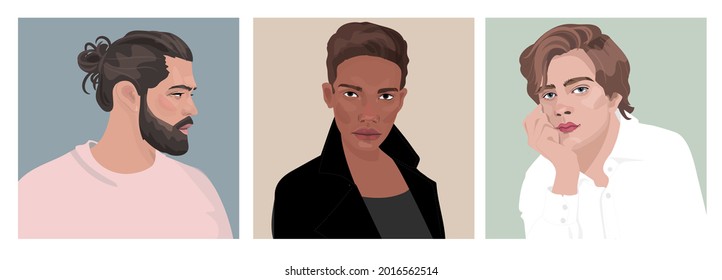Set of vector portraits of men of different gender and age. Diversity. flat illustration. Avatar for a social network. 