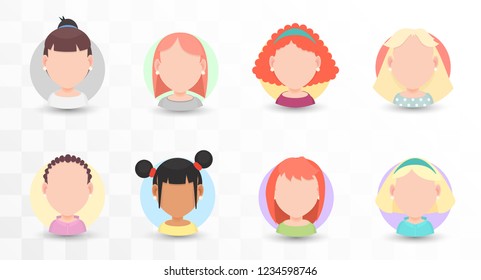 Set of vector portraits of women with different hairstyles in a flat style, for avatar in social networks