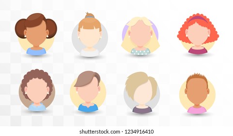 Set of vector portraits of women with different hairstyles in a flat style, for avatar in social networks