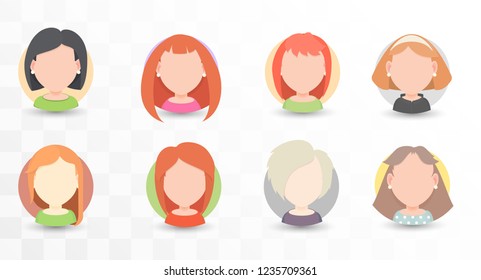 Set of vector portraits of women with different hairstyles in a flat style, for avatar in social networks