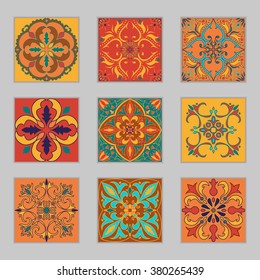 Set of vector Portuguese tiles. Beautiful colored patterns for design and fashion with decorative elements. Azulejo, Talavera, Moroccan ornaments in blue and orange colors