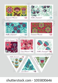 Set of Vector Postage Stamps with Doodle Style Flowers. Hand drawn flourish elements. Cute and fancy backdrop for textile, banner, greeting card, invitation, wrapping, scrapbooking, printing and web