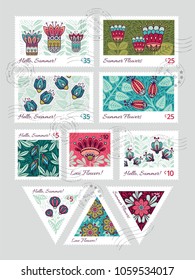Set of Vector Postage Stamps with Doodle Style Flowers. Hand drawn flourish elements. Cute and fancy backdrop for textile, banner, greeting card, invitation, wrapping, scrapbooking, printing and web