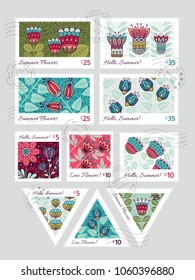 Set of Vector Postage Stamps with Doodle Style Flowers. Hand drawn flourish elements. Cute and fancy backdrop for textile, banner, greeting card, invitation, wrapping, scrapbooking, printing and web