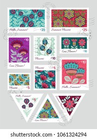 Set of Vector Postage Stamps with Doodle Style Flowers. Hand drawn flourish elements. Cute and fancy backdrop for textile, banner, greeting card, invitation, wrapping, scrapbooking, printing and web
