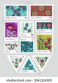 Set of Vector Postage Stamps with Doodle Style Flowers. Hand drawn flourish elements. Cute and fancy backdrop for textile, banner, greeting card, invitation, wrapping, scrapbooking, printing and web