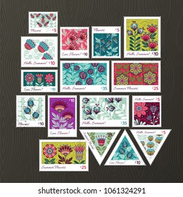 Set of Vector Postage Stamps Illustrations with Doodle Style Flowers. Hand drawn flourish elements. Cute and fancy backdrop for textile, banner, greeting card, invitation, wrapping, scrapbooking, web