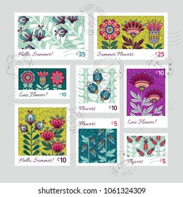 Set of Vector Postage Stamps Illustrations with Doodle Style Flowers. Hand drawn flourish elements. Cute and fancy backdrop for textile, banner, greeting card, invitation, wrapping, scrapbooking, web