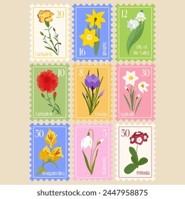 Set of Vector Postage Stamps Illustrations with Spring Flowers. Hand drawn flourish elements. Cute and fancy backdrop for textile, banner, greeting card, invitation, wrapping paper, scrapbooking, web