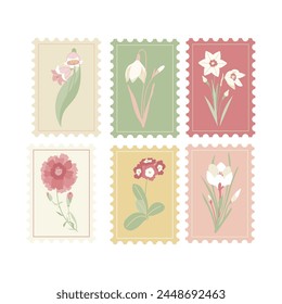 Set of Vector Postage Stamps Illustrations with Spring Flowers. Hand drawn flourish elements. Cute and fancy backdrop for textile, banner, greeting card, invitation, wrapping paper, scrapbooking, web