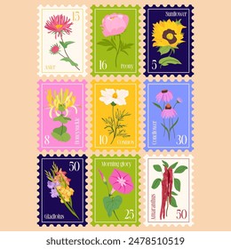 Set of Vector Postage Stamps Illustrations with Summer Flowers. Hand drawn flourish elements. Cute and fancy backdrop for textile, banner, greeting card, invitation, wrapping paper, scrapbooking, web