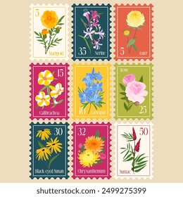 Conjunto de sellos postales de Vector Ilustraciones con flores de otoño. Elementos de flor dibujados a mano. Lindo y elegante telón de fondo para la materia textil, Anuncio, tarjeta de felicitación, invitación, papel de embalaje, scrapbooking, Web