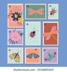 Set of Vector Postage Stamps Illustrations with Summer Flowers. Hand drawn flourish elements. Cute and fancy backdrop for textile, banner, greeting card,