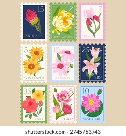Set of Vector Postage Stamps Illustrations with Garden Flowers. Hand drawn flourish elements. Cute and fancy backdrop for textile, banner, greeting card, invitation, wrapping paper, scrapbooking, web