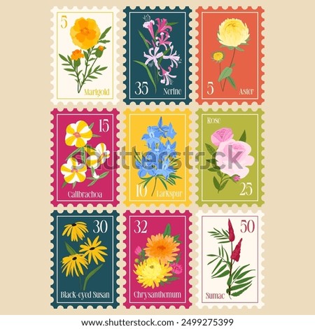 Set of Vector Postage Stamps Illustrations with Autumn Flowers. Hand drawn flourish elements. Cute and fancy backdrop for textile, banner, greeting card, invitation, wrapping paper, scrapbooking, web
