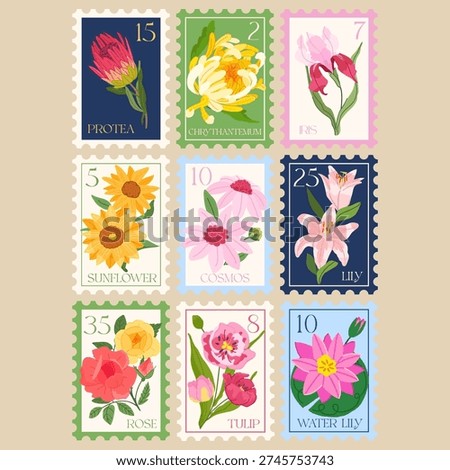 Set of Vector Postage Stamps Illustrations with Garden Flowers. Hand drawn flourish elements. Cute and fancy backdrop for textile, banner, greeting card, invitation, wrapping paper, scrapbooking, web