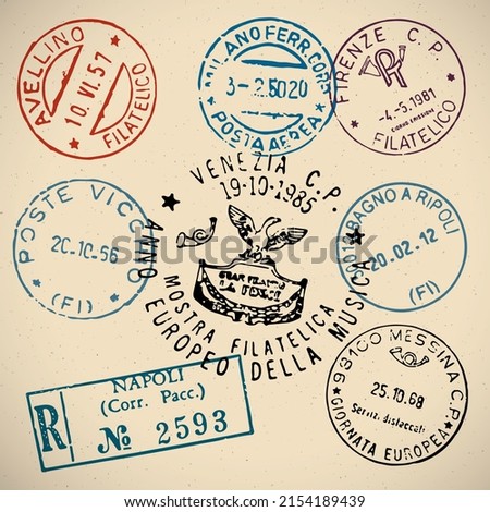 Set of vector postage stamps Italy. Great for vintage designs.
