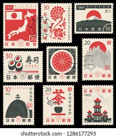 Set of vector postage stamps on the theme of Japanese culture in retro style. Hieroglyph Japan Post, Sushi, Tea, Perfection, Happiness, Truth