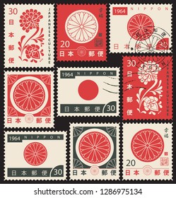 Set of vector postage stamps on the theme of Japanese culture with chrysanthemum and japanese flag in retro style. Hieroglyph Japan Post, Happiness