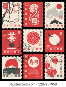 Set of vector postage stamps on the theme of Japanese culture in retro style. Hieroglyph Japan Post, Sushi, Tea, Perfection, Happiness, Truth