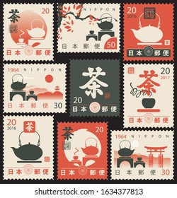 Set of vector postage stamps on the theme of Japanese tea ceremony and Japanese culture in retro style. Translation from japanese characters Hieroglyph: Japan Post, Tea