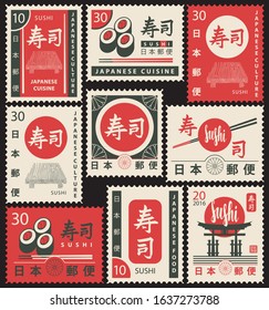 Set of vector postage stamps on the theme of sushi and Japanese cuisine in retro style. Hieroglyphs Japan Post, Sushi