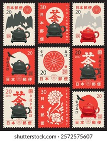 Set of vector postage stamps on the theme of Japanese culture in retro style. Hieroglyph Japan Post,  Tea, Perfection, Happiness, Truth