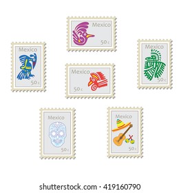 Set of vector postage stamps with symbols and signs of Mexico