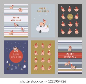 set of vector postcards with christmas pigs animals, new year illustration.