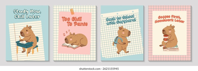 Set of vector postcards with cute capybaras, school elements, and funny educational quotes. Hand-drawn flat style, pastel colors. Great for stationery, greeting cards, posters, and school merchandise.