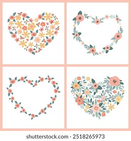A set of vector postcards featuring a heart made of flowers. Perfect for use in greeting cards, invitations, stationery, and as decorative prints.