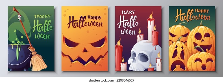 Conjunto de postales vectoriales para Halloween. Caldera de bruja, calabazas aterradoras, escoba, cráneo, velas. Ilustración para tarjetas de felicitación, invitaciones, carteles, afiches