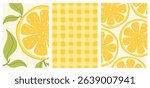 Set of vector postcards with lemon slices, lemon slices. Yellow gingham pattern. Design for postcards, posters, flyers.