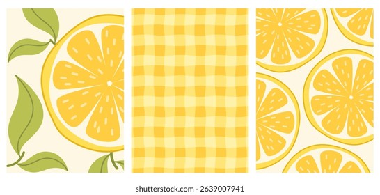 Set of vector postcards with lemon slices, lemon slices. Yellow gingham pattern. Design for postcards, posters, flyers.