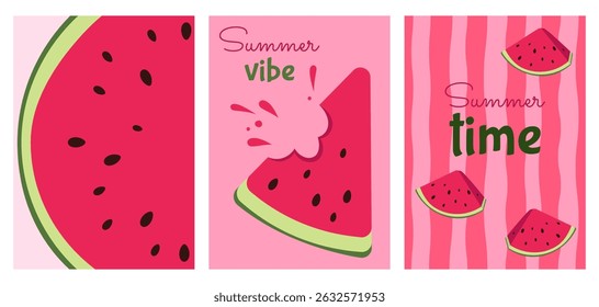 Set of vector postcards with slices, slices of watermelon and text summer time. Design for postcards, posters, flyers.