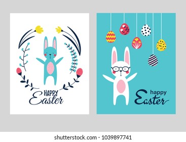 a set of vector postcards, vertical posters or backgrounds; with phrase Happy Easter; cute little animal- a greeting hipster bunny; hand drawn Easter eggs; in cartoon flat style; vector illustration