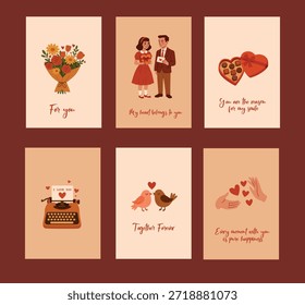 Set of vector postcards. Vintage style. Valentine's Day greetings. Man and woman in vintage clothing. Gift giving. Retro aesthetics.